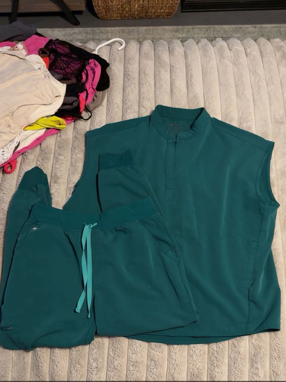 Figs Sleeveless Medical Top in Dark Teal Green large top medium pants